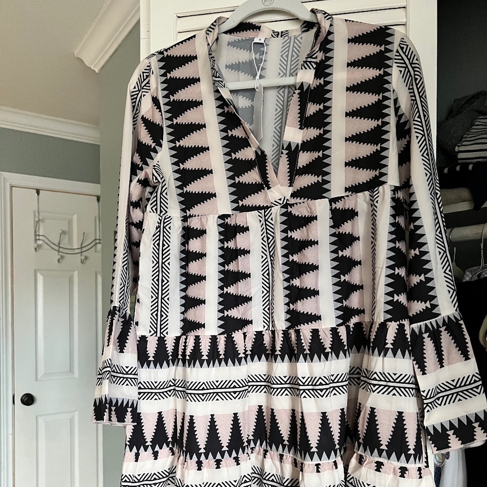 NWT Geometric Print Dress with Bell Sleeves size Small